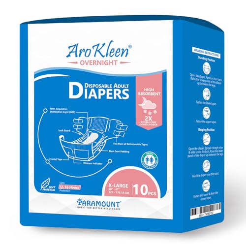 Image of AroKleen Overnight Adult Diapers Tape Style, Extra Large, 10 Count, Waist Size (127-170.18 cm | 50 inch-67 inch Inches) | 2X Absorbent, 16 Hour Protection, Wetness Indicator- Pack 1