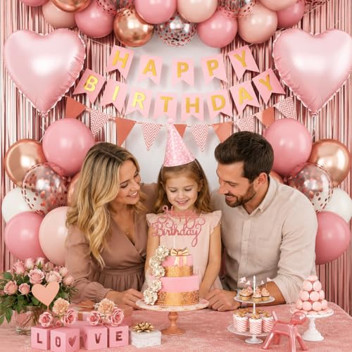 Image of Dusty Pink Birthday Decorations, Pink Rose Gold Sand Birthday Balloons Set
