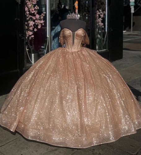 WDBFY Glitter Tulle Quinceanera Dresses with Bow Off Shoulder Layered Ball Gowns Puffy Beaded Sweet 16 Dress with Train2