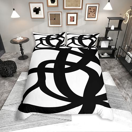 jejeloiu Stripe Line Bedding Set Queen Size Kids Geometric Comforter Cover Set for Boys Girls Teens Black and White Duvet Cover Breathable Abstract Room Decor Modern Art