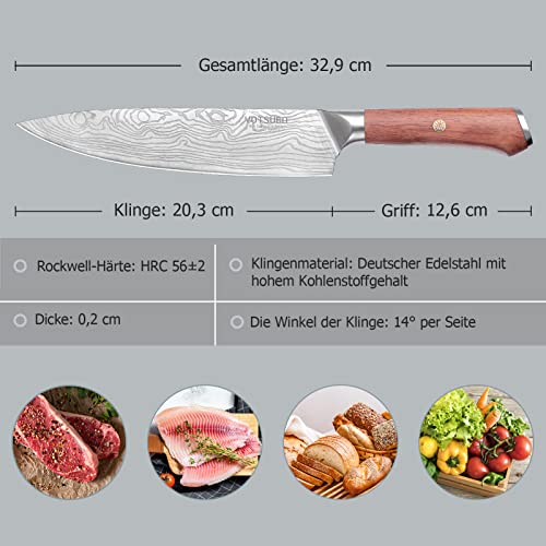 YOTSUBA Kochmesser 20cm, Chefsknife aus rostfreiem Hochkarbonstahl X50CrMoV15, professionelles...