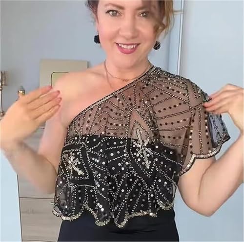 Vintage Lace Beaded Shawl - 1920s Sequin Beaded Shawl for Evening Dresses, Gatsby Parties & Weddings, Elegant Flapper Wrap4