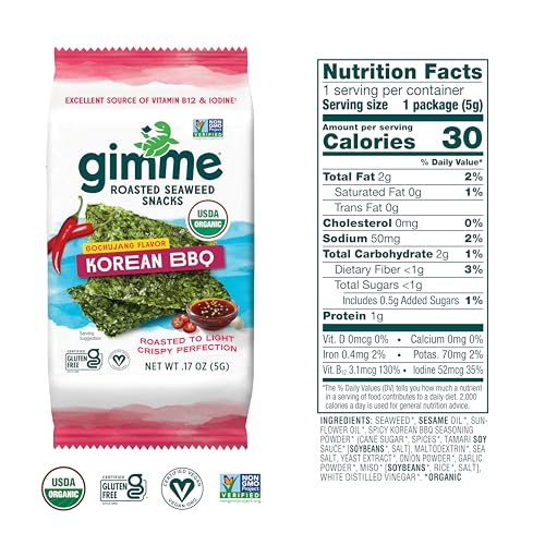 Image of Gimme Seaweed Organic Premium Roasted Seaweed Snacks,Korean BBQ,Keto,Vegan,Gluten-Free,Great Source of Omega3s and Iodine,Healthy On-The-Go Snack for Kids and Adults,6 Count (Pack of 2)