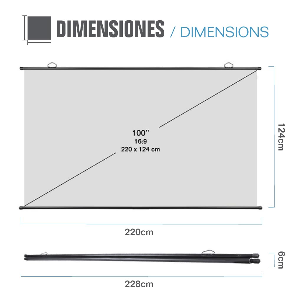 iggual - Pantalla de Proyección 100" Pulgadas - Enrollable Manual - Formato panorámico 16:9 - Ángulo de Visión 180º - Compatible 4K y Cualquier Proyector - Medidas 220 x 124 cm