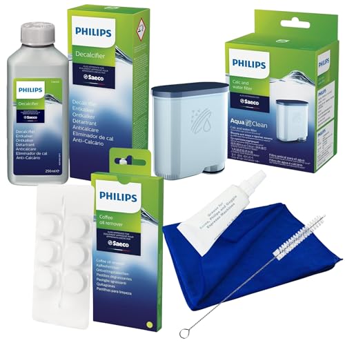 SomosTrade Pflegeset für Philips Kaffeevollautomaten mit 250 ml Entkalker 1x Aquaclean Filter 1 x Kaffeefetlöser Tabletten 1 x Schmierfett Reinigungsbürste und 1 x Mikrofaser Reinigungstuch