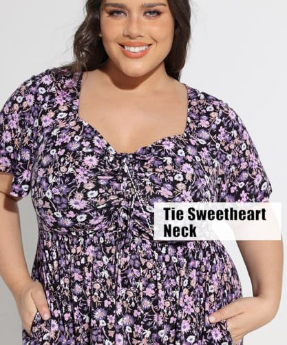 Image of CARCOS Plus Size Dresses for Curvy Women Tie Sweetheart Neck Summer Maxi Dress Short Sleeve Empire Waist Floral Boho Dress