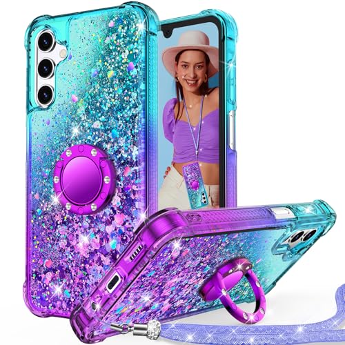 Unlicaku Coque de téléphone pour Samsung Galaxy A14, avec Anneau pour Femmes et Filles, Jolie Coque holographique Scintillante, Bague en Diamant, Coque de Protection pour Samsung A14, Violet
