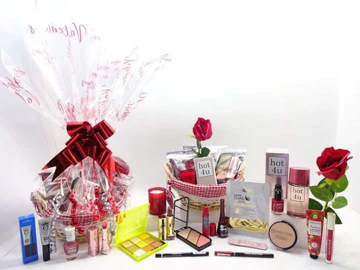 Happy Valentines Day Panier cadeau de beauté 19 pièces pour elle – Panier de luxe pour parfum et maquillage avec rose rouge et bougie parfumée