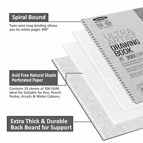 Image of Anupam Ultra Artist Book A4 Size | Wiro Binding Lay-Flat Design Notebook | Acid Free Optimal Coarse Texture | 200 GSM | 25 Sheets, 50 Pages | Ideal for Drawing, Sketching, Design & Architecture