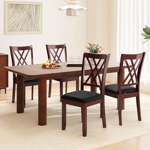 Image of COSTWAY Wooden Dining Chairs Set of 4 with PU Leather Padded Seat, Walnut | Farmhouse Armless Kitchen Side Chair with Rubber Wood Frame & High Back for Dining Room, Living Room and Restaurant
