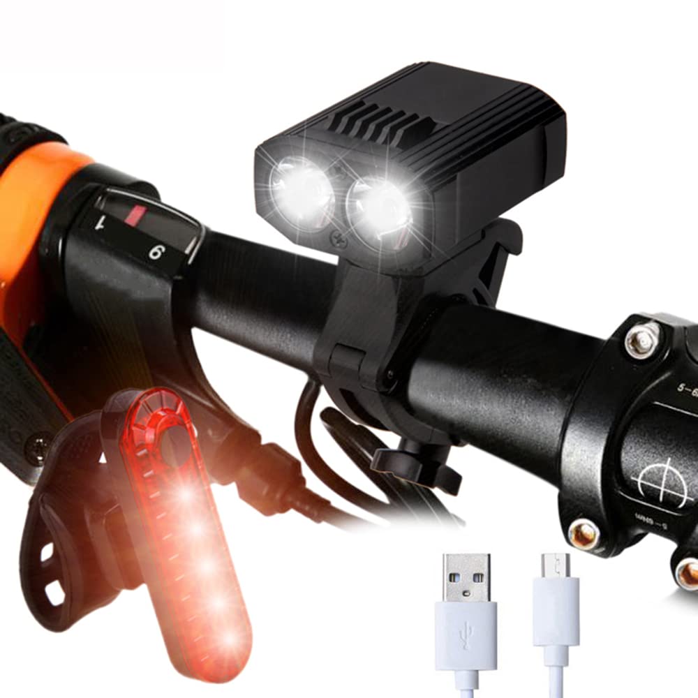 Faro Anteriore 2 LED MTB Luci per Bici 1000 Lumen Guida Notturna Mini USB Ricaricabile Lampada Anteriore per Bicicletta Luce Posteriore per Bicicletta, con luci Posteriori