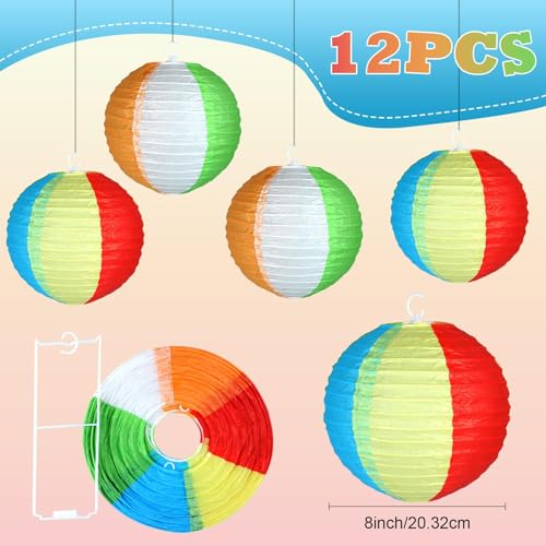 gisgfim 12 Pcs Beach Ball Hanging Paper Lanterns Summer Pool Party Decorations Colorful Round Paper Lanterns Rainbow Beach Ball Lanterns Chinese Lanterns Decor for Summer Pool Beach Party Supplies