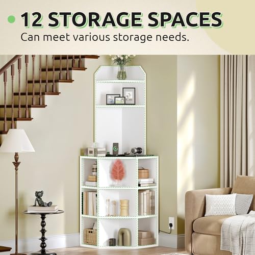 GOOBED Corner Shelf Cabinet, Modern Corner Storage Rack with Charging Station, Wooden Display Bookshelf Bookcase for Living Room, Bedroom, Dining Room, Kitchen, White