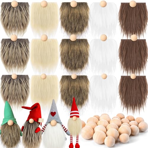 Tudomro 15 Pcs Gnome Beards for Crafts 4th of July Faux Fur Fabric Precut Beaded Gnomes Kit with DIY Handmade 30 Pcs Wooden Balls for Crafts Patriotic(White Beige Brown)