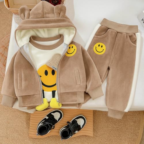 Image of Bold N Elegant Kids Polyester Printed 3d Happy Smile Face Cartoon Winter Warm Hoodied Jacket Sweatshirt and Pajamas 3 Pc Layering Party Clothing Set