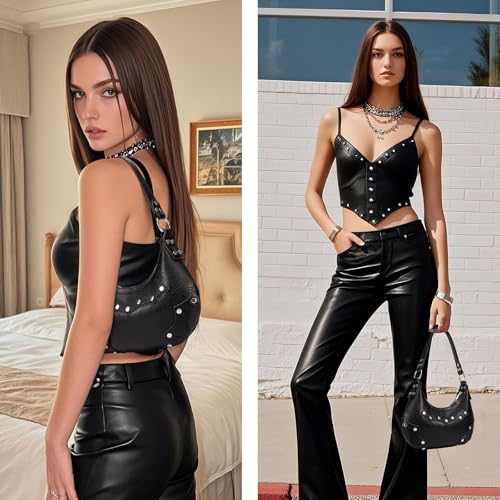 Women's Goth Y2k Mini Purse Crescent Small Hobo Shoulder Bag with Rivets3