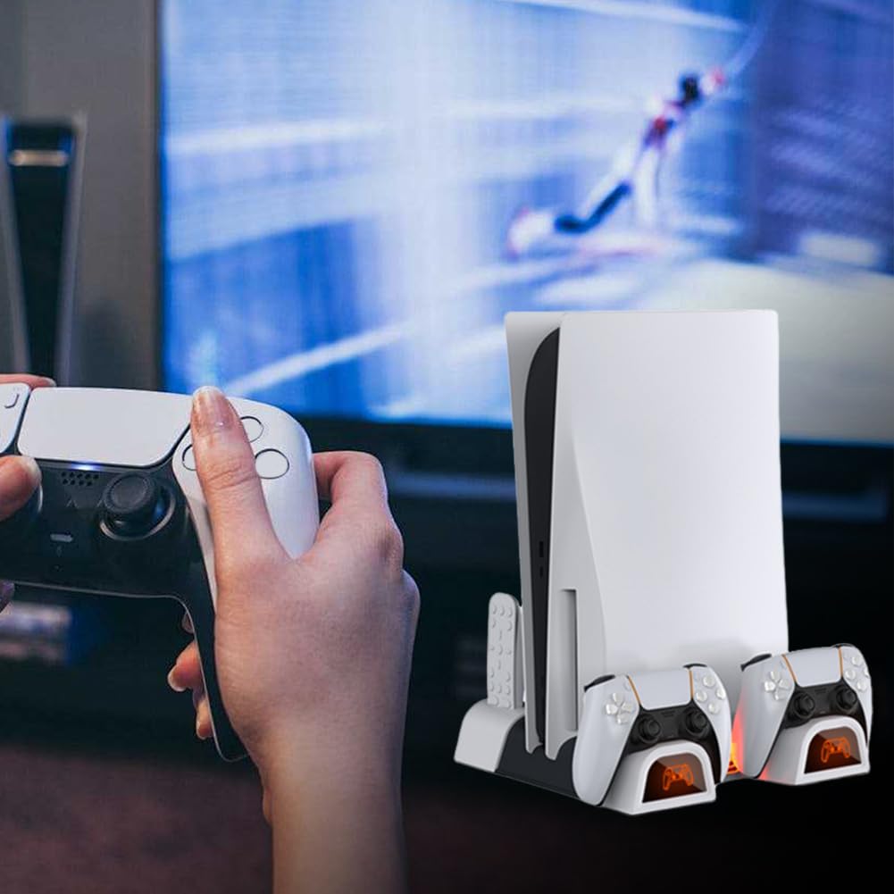 Soporte vertical y estación de refrigeración para PS5 Pro/Slim con doble controlador de carga y organizador de juegos