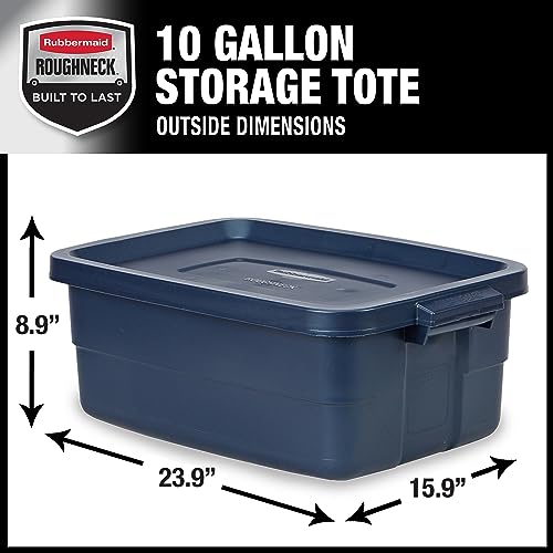 Image of Rubbermaid Roughneck Tote 10 Gal, 8 Pack, Made in USA, Dark Indigo Metallic, Rugged Plastic Stackable Storage Bins with Lids and Handles