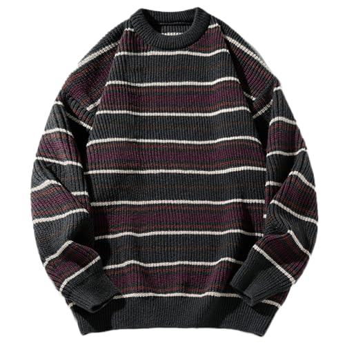Men's Vintage Sweater Oversized Cable Knit Crewneck Pullovers Casual Long Sleeve Striped Sweaters