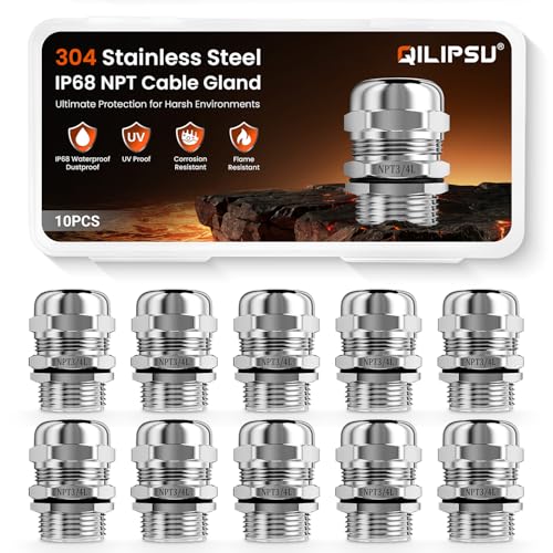 QILIPSU 10pcs 3/4" NPT 304 Stainless Steel Cable Gland Waterproof IP68 Metal Strain Relief Cord Grip Long Thread Cable Pass Through Wire Connector