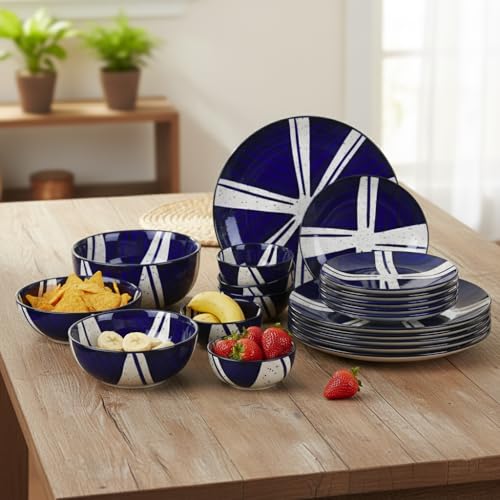 Image of BlackCarrot Ceramic Dinner Set, Blue Splash Set of 21 Pieces | Stoneware Series | Glossy Finish Crockery Set for Dining Table | Premium Ceramic Dinnerware (Blue & White)