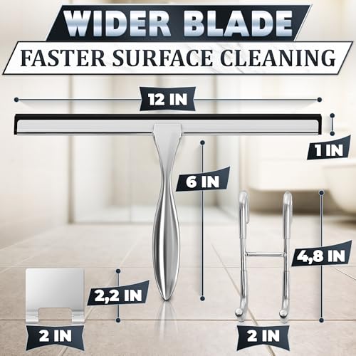 Image of Shower Door Squeegee with Hook - 12 inch Silicone Blade, Stainless Steel Squeegee for Shower Glass with Adhesive Mount - All-Purpose Bathroom Tile, Mirror, & Window Wiper for Streak-Free Cleaning (Silver)