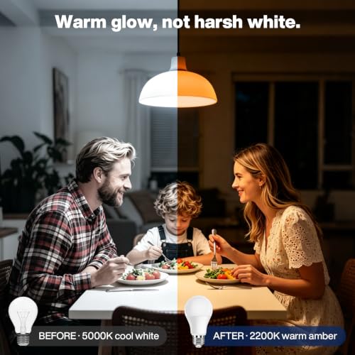 Image of Neporal Warm Light Bulbs 2200K Amber Light Bulbs, 9W 60W Equivalent No Blue Bulbs for Sleep, Soft YellowA19 E26 Bulb, Flicker-Free Bedroom Nursery Bedside & Living Room Night Light, [4] Pack
