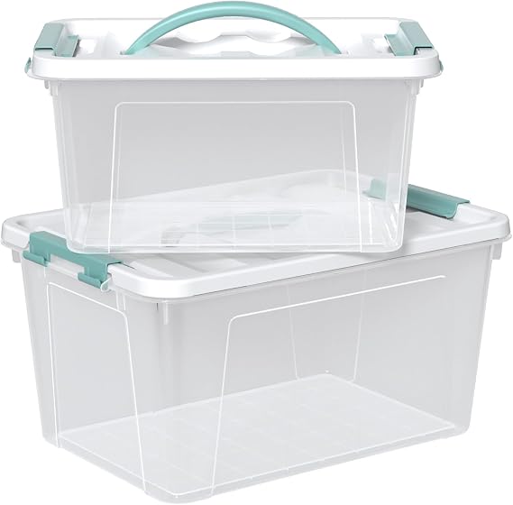 Plastic Storage Bins with Lids, 2 Pack Mixed Sizes (7 Qt, 14 Qt) Clear Box with White Lid, Stackable Organizer Boxes with Latches for Closet, Pantry, Bathroom, Office