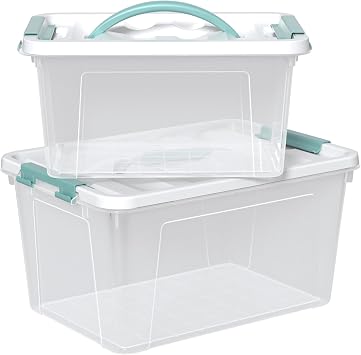 Plastic Storage Bins with Lids, 2 Pack Mixed Sizes (7 Qt, 14 Qt) Clear Box with White Lid, Stackable Organizer Boxes with Latches for Closet, Pantry, Bathroom, Office
