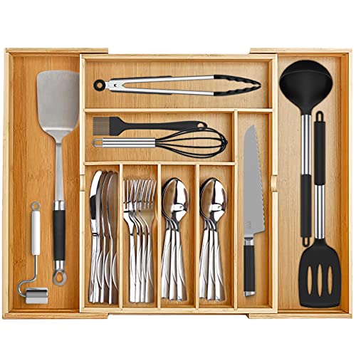 Drawer Organizer Kitchen Utensils, Bamboo Kitchen Desk Drawer Organizer for Silverware, Expandable Flatware Storage Holder for Kitchen Cabinet, Office Products, Tools, Makeup, Jewelry