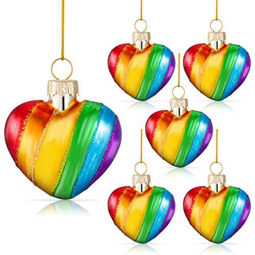 Cunhill 6 Pieces Pride Rainbow Ornaments Glitter Glass Ornaments Gay Pride Tree Hanging Decor Heart Shaped Love is Love Signs LGBT Decorations for Wedding Party Parade Supplies