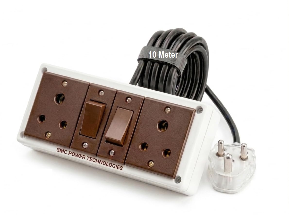 SMC Power Heavy-Duty 6A Non-Modular Extension Board | 3-Pin Two Socket with Two Switch Set | White PVC Box | Input 3-Pin Plug with 3-Core 1.0 sq mm High Current Pure Copper Cable (Brown, 10 Meter)-image-43