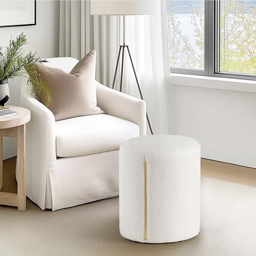 Get Set Style Modern Round Ottoman, Multifunctional Vanity Stool Chair for Makeup Room, Boucle Ottoman Foot Rest Foot Stool Extra Seating for Living Room, Bedroom, Entryway, Office (White)
