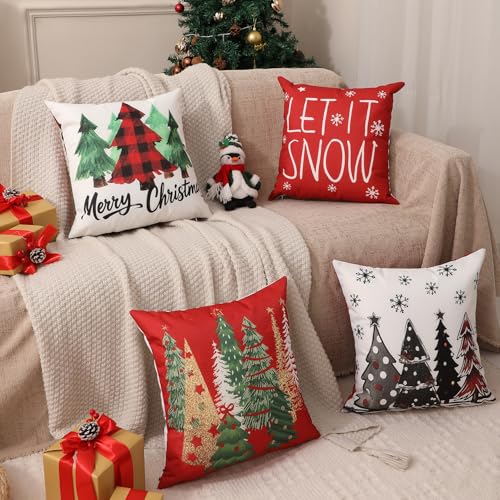Double-Sided Print Christmas Pillow Covers 20"x20" Set of 4, 8 Cute Christmas Patterns, Tree, Truck, Joy, Merry Christmas, Let It Snow, Snowman Etc, Perfect for Home Decor