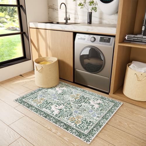 Image of Botanical Floral Washable Entryway Area Rug 2x3 Light Green Cream Vintage Garden Design, Perfect for Soft Door Mat Indoor Entrance, Ultra-Thin Easy Clean Small Throw Carpet for Bedroom Bathroom