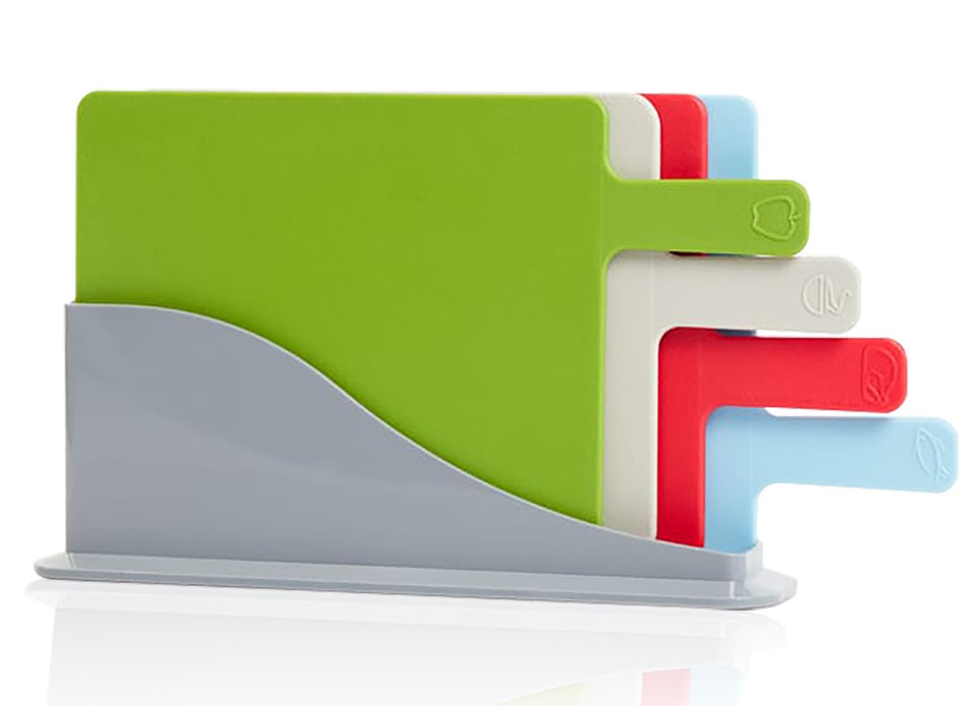 AAMEN 4 Colour Coded Cutting Boards, Plastic Chopping Board Set, Cutting Board Mats with Food Icons, Thick Plastic Cutting Boards with Stand. Reversible Non Slip for Cutting Meat, Fish and Vegetables