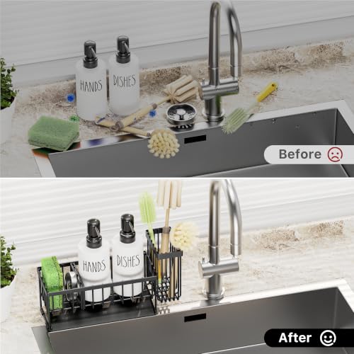 Image of MASADI Kitchen Dish Soap Dispenser Set with Sponge Holder, 12OZ Glass Bottle, Hand and Dish Soap Dispenser Set, Non-Slip Silicone Pad, Brush Holder, Kitchen Sink Organizer Countertop (Black+White)