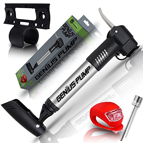 Mini Bike Pump Portable: Presta and Schrader: Road, Mountain, and BMX Hand Pump with Mounting Bracket, Sports Needle, and LED Bike Light 120 PSI By Genius Pump