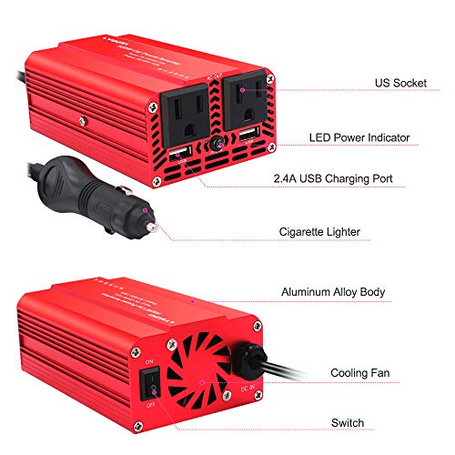 LVYUAN 500W Power Inverter for Vehicles DC 12V to 110V AC Car Plug Adapter Outlet Converter with 2 USB Fast Charging Ports and 2 AC Outlets Car Charger Adapter
