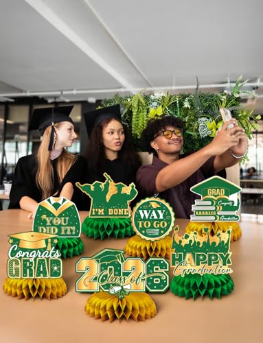 Image of Graduation Table Decorations Class of 2026, 9Pcs Graduation Centerpieces for Tables Green Gold Honeycomb Centerpiece Congrats Grad Table Toppers Congratulate Decorations for Grad Party Supplies