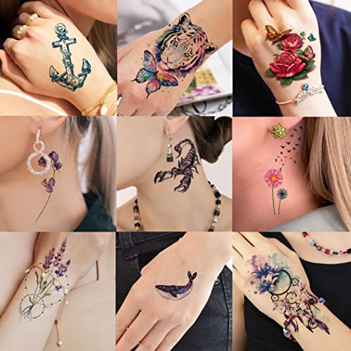 Shegazzi 38 Sheets Peony Rose Flower Temporary Tattoos For Women Adults Thigh, 3D Butterfly Lavander Fake Tattoos Girls Arm Sleeve, Realistic Watercolor Floral Temp Tattoo Sticker Finger Neck Tatoos #TOP4