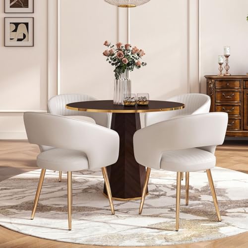 Hyfirm Set of 4 Cream Leather Dining Chairs, Modern Upholstered Kitchen Chairs Gold Metal Legs, Hollow Back, Accent Side Chair for Dining Room/Livingroom/Reception/Restaurant