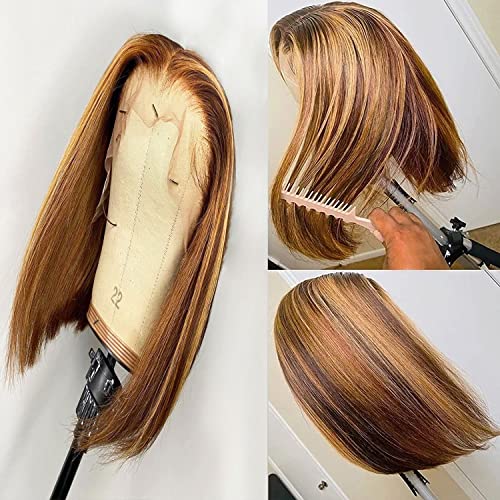 Bob Straight Highlight Wig LAVBH 4/27 Middle Part Ombre Lace Front Wigs Short Amber Bob Wigs Lace Frontal Wig Human Hair T Part Lace Wig 13X4x1 Lace Front With Knots For Black Woman (4-27, 10 Inch)