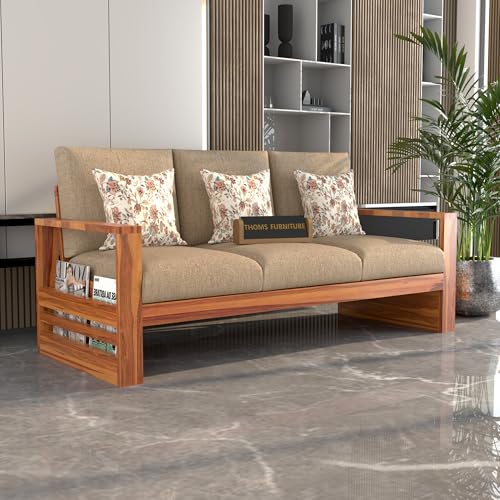 Image of Solid Sheesham Wood 3 Seater Sofa for Living Room | Elegant Wooden Sofa Set 3 Seater for Home & Office Furniture Decor | Stylish 3 Person Sofa (Zack Honey, 3 Seater)
