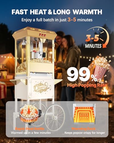 Image of 16 oz Upgraded Commercial Popcorn Machine with Cart, Large Popcorn Machine Makes Up to 80 Cups, Movie Theater Pop Corn Machine with Easy-Rolling wheels & Stainless-Steel Kettle, Beige&Gold
