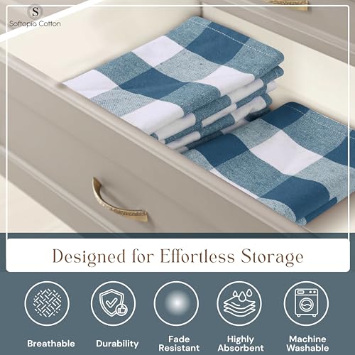Image of Teal Buffalo Check Plaid Kitchen Towels, 4 Pack, 100% Cotton, 16x26 Inches, Super Absorbent, Quick Dry, Soft, Dish Drying & Cleaning Towels with Hanging Loop, Teal Green and White
