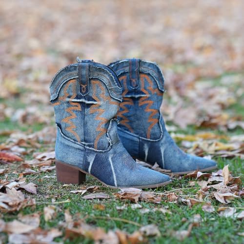 Hawkwell Women's Embroidered Stitched Rodeo Boots Pointed Toe Chunky Block Heel Classic Pull On Cowgirl Ankle Western Booties4