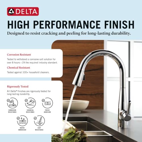Image of Delta Essa Chrome Kitchen Faucet with Pull Down Sprayer, Modern Single Hole Kitchen Sink Faucet, Single Handle, Chrome 9113-DST