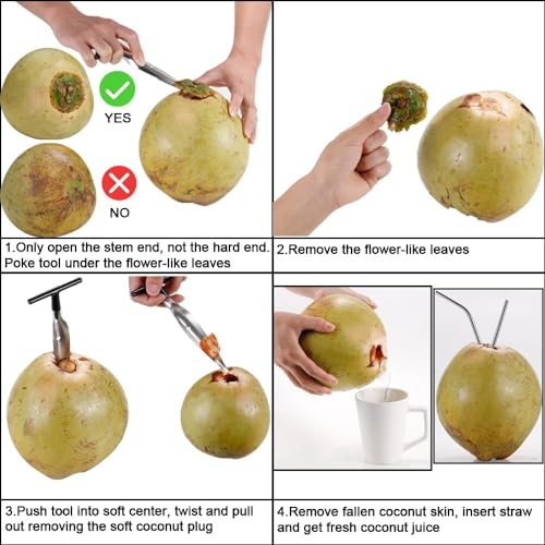 2 Pack Coconut Opener Tool Set with 4 Reusable Straws & Brush, Food Grade Stainless Steel Coco Nut Bottle Opener for Young Thai Green Fresh Coconut Water, Safe and Convenient Coco Drill Punch Tool - Image 5