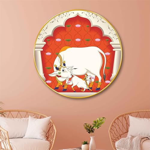 Image of SAF Kamdhenu Cow and Calf Round Wall Painting - Divine Indian Traditional Art with Lotus and Temple Arch | Sacred Cattle Wall Decor for Living Room, Pooja Room, Temple, Office (23 X 23 Inch) GR-277